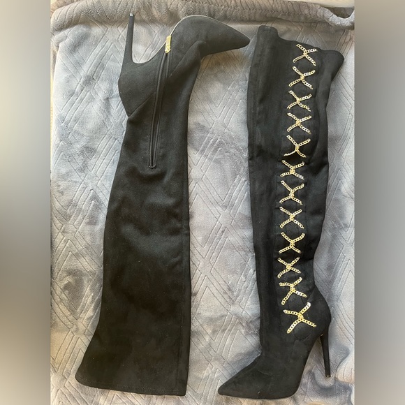 J.Lo Jennifer Lopez Ayana otk over the knee boot black gold chain - Picture 5 of 7